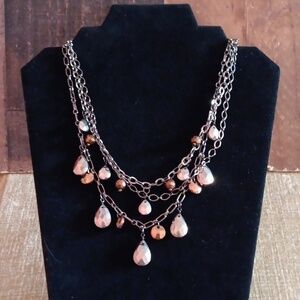 Dark Tri Strand Textured Chain Copper and Gray Teardrop Faceted Necklace